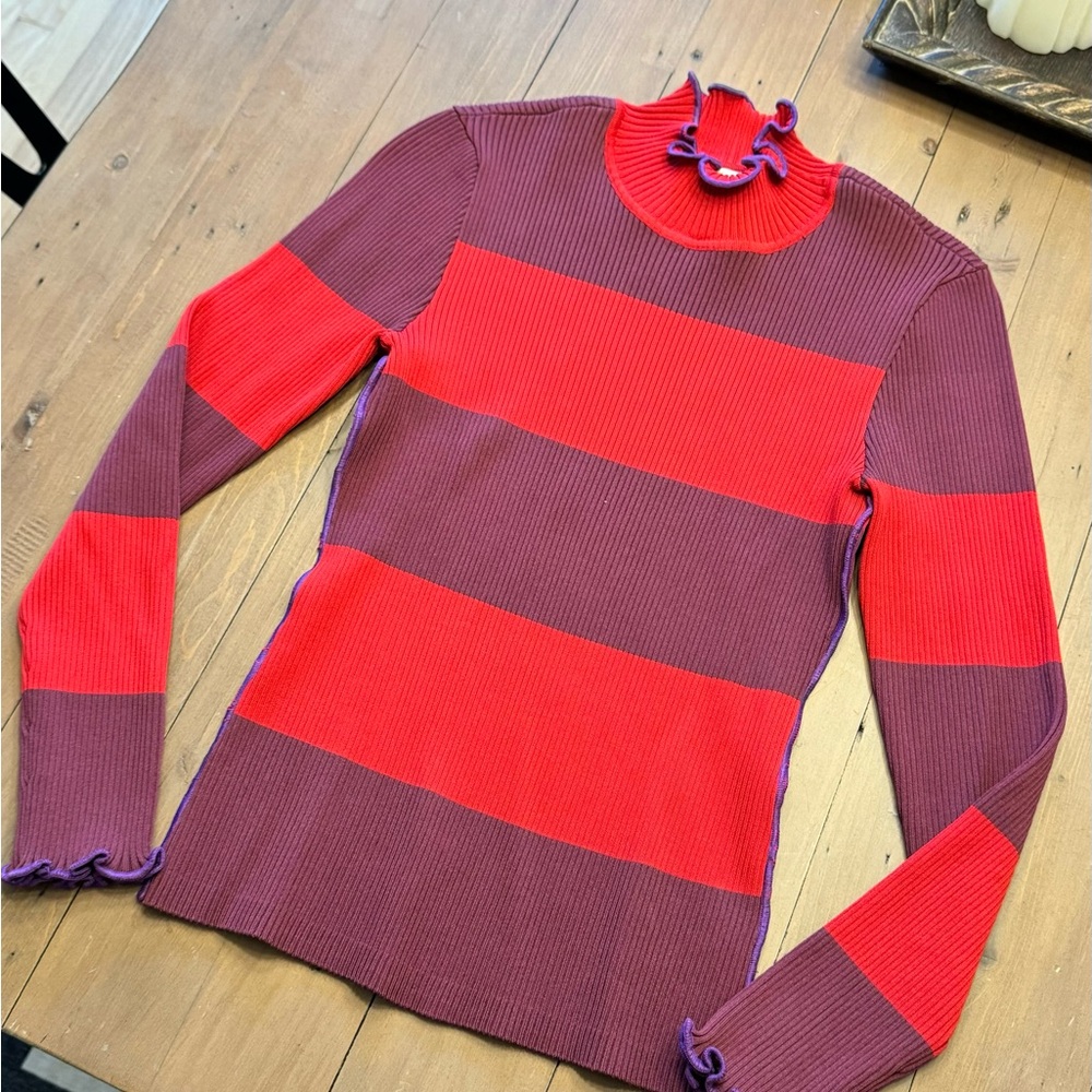 Koche Collective Ribbed Sweater Womens Large Red Ruffle Trim Striped Pullover